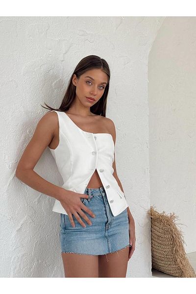 Coral Stoned Buttoned Single Strap Vest White