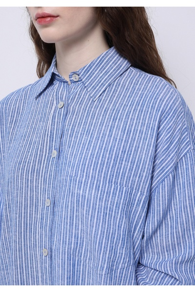 Colin's Regular Fit Shirt Neck Çizgili Kadın Mavi Uzun Kol Gömlek