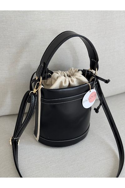 BAGLOVİS Shirred Mouth Bucket Model Black Color Women's Hand and Shoulder Bag En20 Uzn20