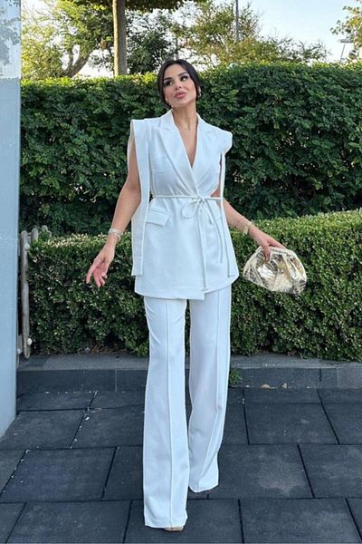 msm fashion Women's Bottom Top Two Piece Suit Shoulder Detail Belt Sleeveless Blazer Jacket Pants Set