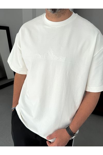 BYBASICMAN White Embroidered Patterned Oversize T-Shirt Res-5125