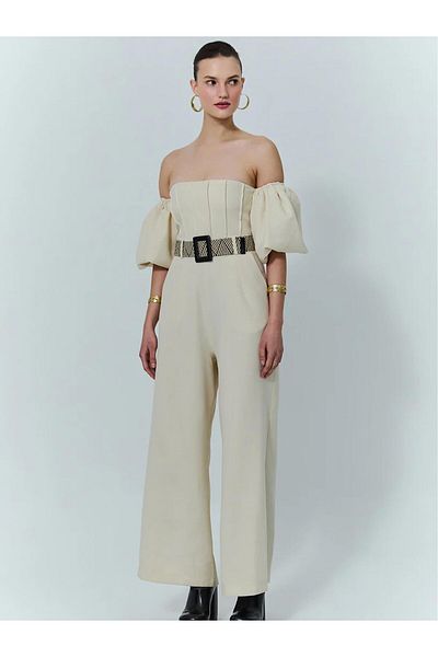 Coral Straw Belted Strapless Jumpsuit Natural