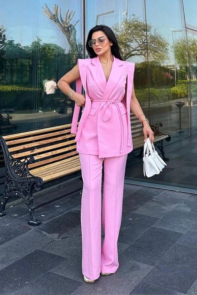 msm fashion Women's Bottom Top Two Piece Suit Shoulder Detail Belt Sleeveless Blazer Jacket Pants Set