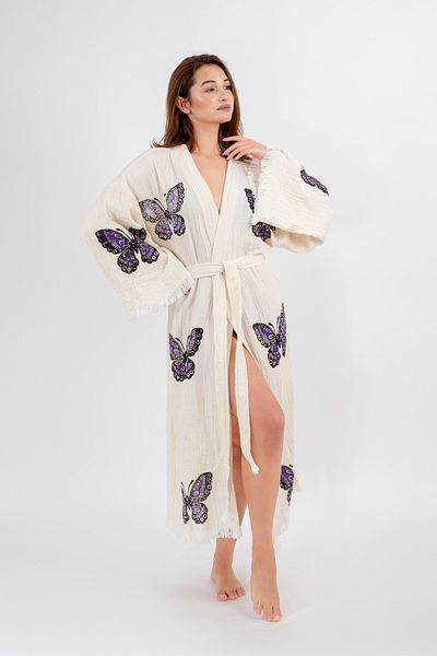 Befera Design Muslin Kimono 100% Cotton Butterfly Printed Patterned Bathrobe Kaftan Dressing Gown