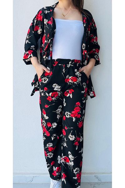 LAVİN GİYİM Women's Half Sleeve Black-Red-Cream Rose Patterned Colorful Kimono Suit