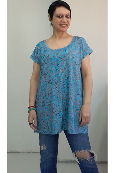 Mertcan Butik Tricou din viscoză din bumbac pieptănat cu mâneci joase, cu model afumat albastru