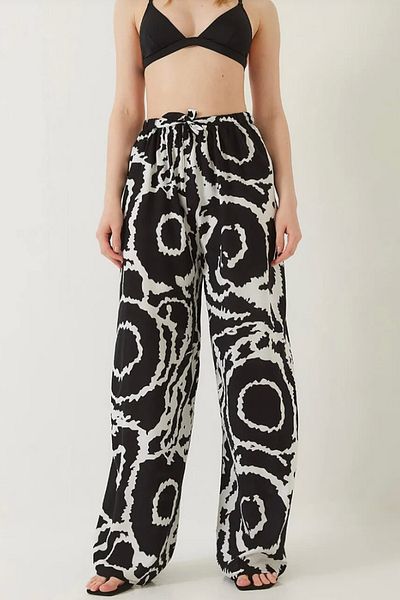ESSFASIHON Patterned Wide Leg Viscose Trousers with Elastic Waist