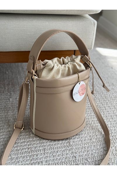 BAGLOVİS Shirred Mouth Bucket Model Mink Color Women's Hand and Shoulder Bag En20 Uzn20