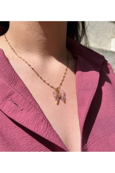 Lilac Jewelry 316l Çelik Zincirli Gold Renk Pembe Zirkon Taş Kelebek Tasarıml...