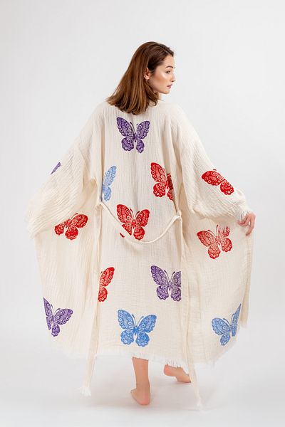 Befera Design Muslin Kimono 100% Cotton Butterfly Printed Patterned Bathrobe Kaftan Dressing Gown