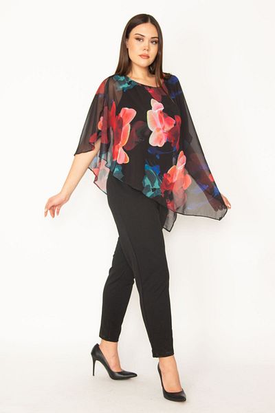 Şans Women's Large Size Black Top with Chiffon Cape Detailed Jumpsuit 65n23917