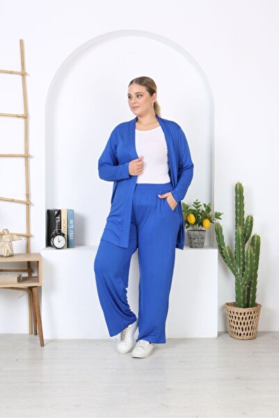 Şans Set de cardigan lung din viscoză Saks și pantaloni cu talie elastică pentru femei de mărime mare 65N38327