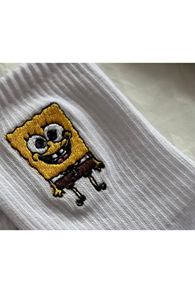 AYDK Sevimli Sünger Bob Nakışlı Soket Beyaz Çizgi Film Karakteri Unisex Pamuklu Çorap