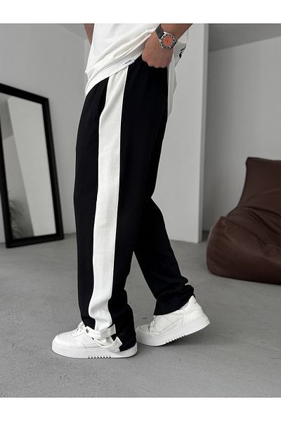 BYBASICMAN Black Buttoned Striped Tube Leg Sweatpants Res-5136