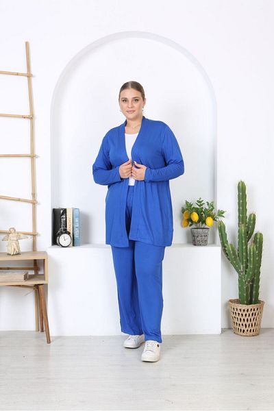 Şans Set de cardigan lung din viscoză Saks și pantaloni cu talie elastică pentru femei de mărime mare 65N38327