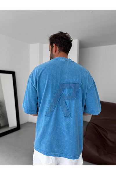 BYBASICMAN Blue Washed R Embroidered Oversize T-Shirt Res-5222