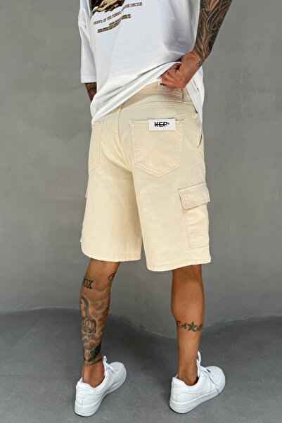 MADZEYMODA Μπεζ Χρώμα Τζιν Ύφασμα Ανδρικό Cargo Pocket Jean Jeans σορτς KE-567