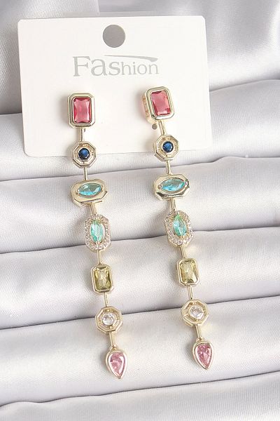 Clariss Brass Gold Color Colorful Zircon Stone Dangle Model Women's Earrings