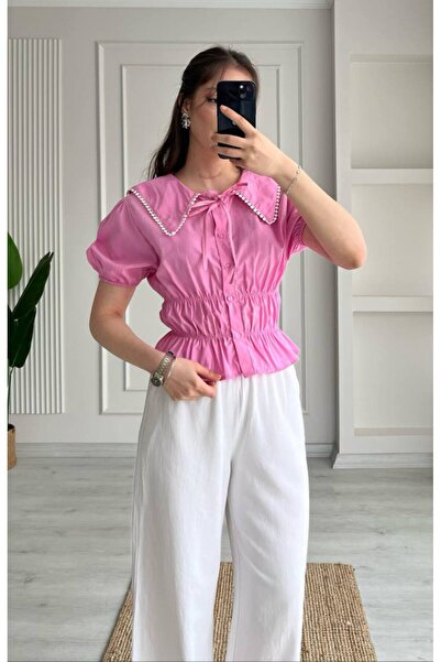 GALAVİP Kadın Yeni Sezon Bebe Yaka Detaylı Gömlek Bluz Pembe