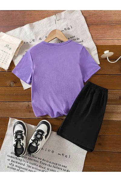 vinraus Girl\Boy Lilac-Black Cute Capybara Printed Combed Cotton Shorts-Tshirt Set