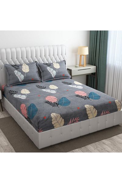 TSUMAB Chic Grey Leaf Haven Bedding Set - Stylish Leaf Pattern Bed Sheet for Elegant Bedrooms