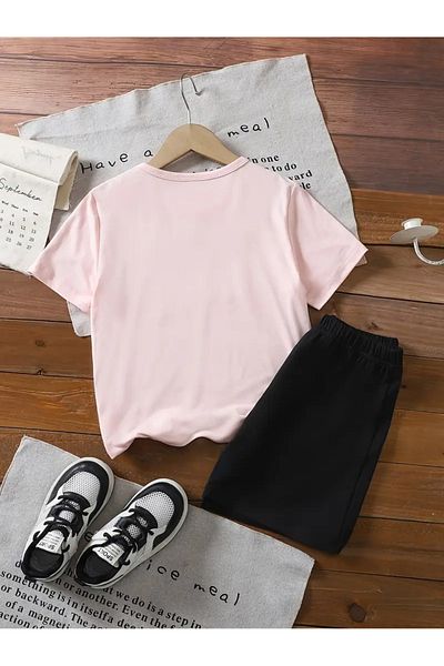 vinraus Girl\Boy Pink-Black Cute Capybara Printed Combed Cotton Shorts-Tshirt Set