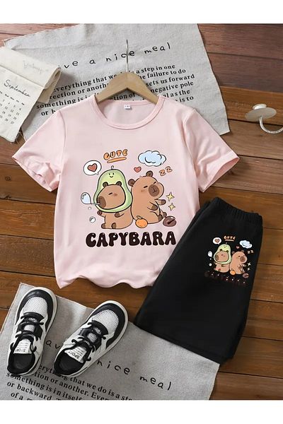 vinraus Girl\Boy Pink-Black Cute Capybara Printed Combed Cotton Shorts-Tshirt Set