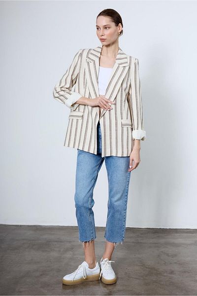 FEMMESTUDIO Jachetă blazer de damă maro crem cu detaliu dungi