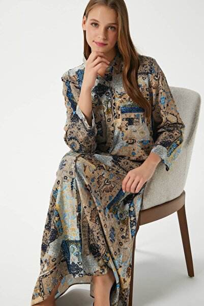 Ritnice Modest Women's Bohema 100% Viscose Beige Blue Front Buttoned Long Dress