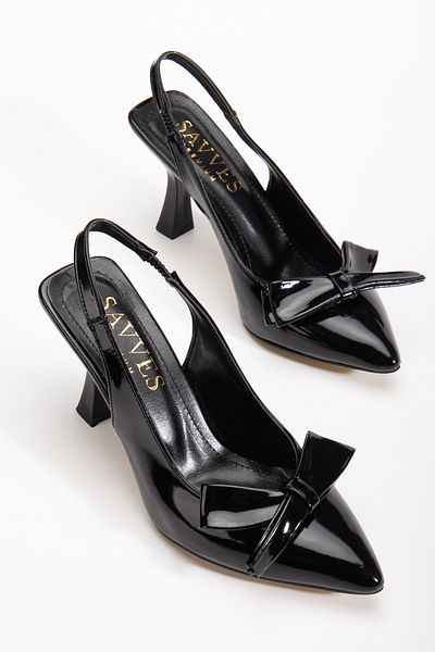 Savves Black Patent Leather Bow Detailed Open Back Thin Heeled Shoes