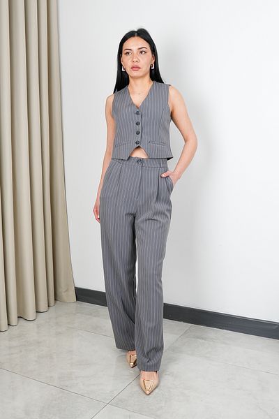 Stil Sepeti Women's Gray Striped V-Neck Vest Palazzo Pants Suit Drl- 100074256