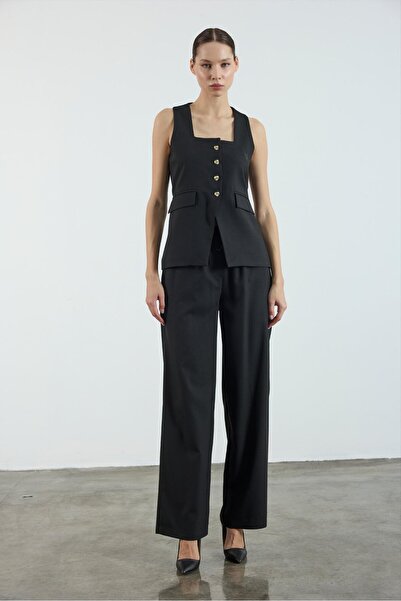 FEMMESTUDIO Set de pantaloni vestă cu guler pătrat negru pentru femei