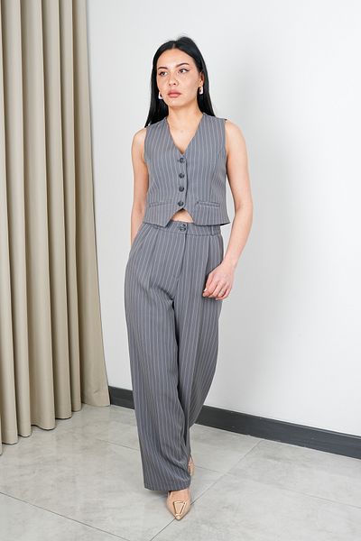 Stil Sepeti Women's Gray Striped V-Neck Vest Palazzo Pants Suit Drl- 100074256