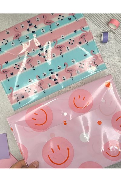 ZeCo Collection Flamingo and Emoji Patterned A4 2-Piece File Set / Organizer Folder with Snap Fasteners