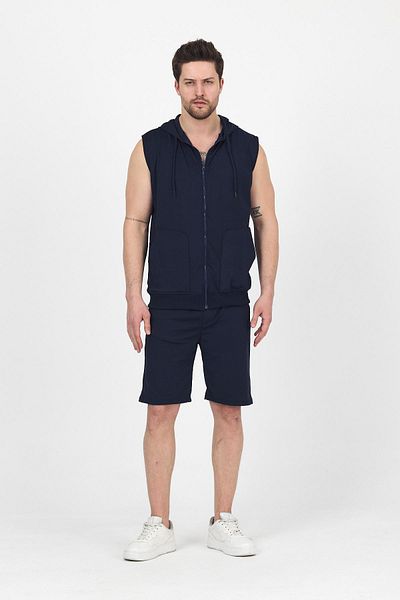 DAMGA JEANS Men's Hooded Sleeveless Zippered Summer Vest Loose Leg Sports Shorts Suit Navy Blue