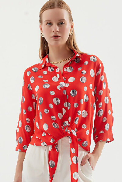 MissKybele Puanlı Desenli Turvakar Kol Önden Bağlamalı Düğme Kapamalı Gömlek ...