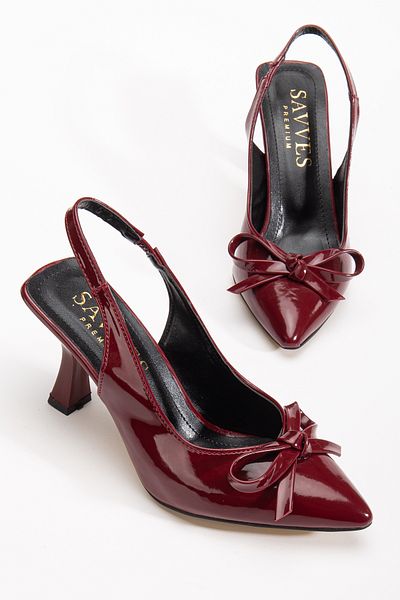 sv savves Julia Burgundy Patent Leather Women's Sports Thin Bow Heeled Shoes