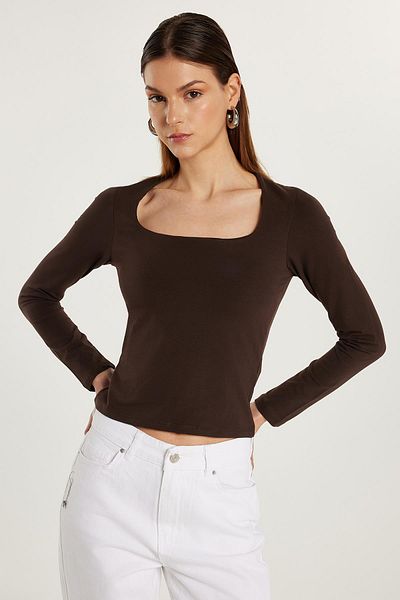 Tudors Γυναικεία Slim Fit Slim Fit τετράγωνη μπλούζα καφέ γιακά