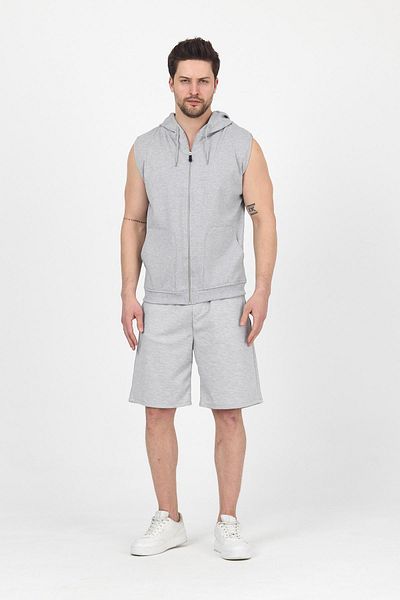 DAMGA JEANS Men's Hooded Sleeveless Zippered Summer Vest Loose Leg Sports Shorts Suit Gray