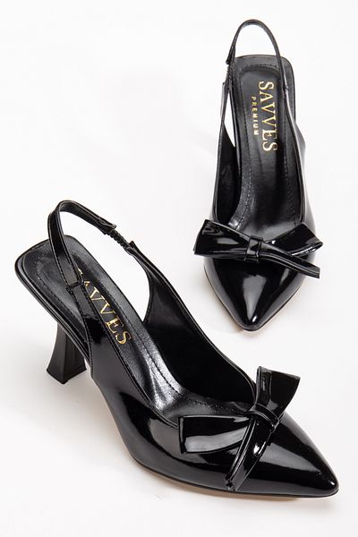 Savves Black Patent Leather Bow Detailed Open Back Thin Heeled Shoes
