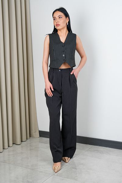 Stil Sepeti Women's Black Striped V-Neck Vest Palazzo Pants Suit Drl- 100074256
