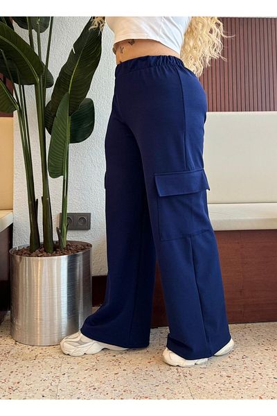 Butik Nilyam Women's Large Size Lycra High Waist Cargo Pocket Crepe Pants 21059