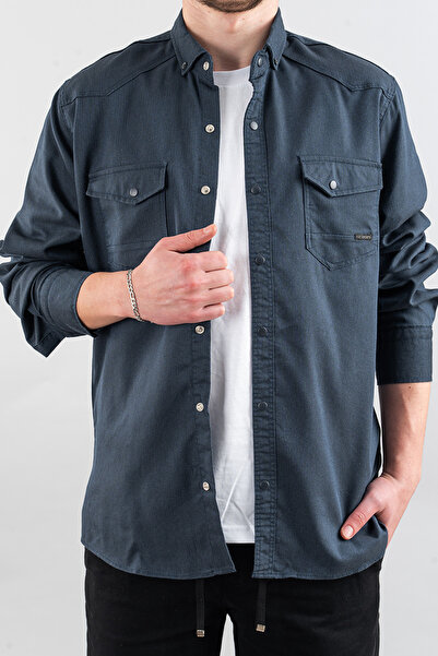 bombe Men's Slim Fit Slim Fit Men's Denim Shirt Navy Blue