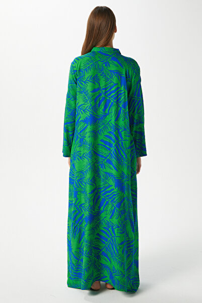 Ritnice Modest Women's Leaf 100% Viscose Blue Green Front Buttoned Long Dress