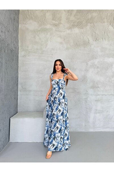 REELMODA Kadın Mavi Geniş Askılı Omuzda Bağlamalı Cepli Rahat Kalıp Pamuklu Desenli Yazlık Elbise