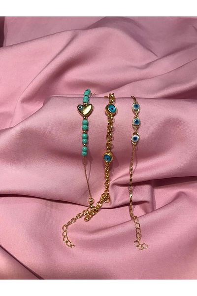 TÜKKAN ACCESSORİES 3-Piece Gold Bracelet with Evil Eye Bead Detail