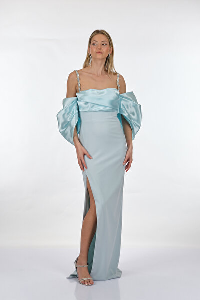 ALFABETA Alfa Beta Askılı Düşük Balon Kol Yırtmaçlı Uzun Abiye Elbise