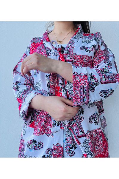 LAVİN GİYİM Women's Half Sleeve Red-Black-White Color Patterned Kimono Suit