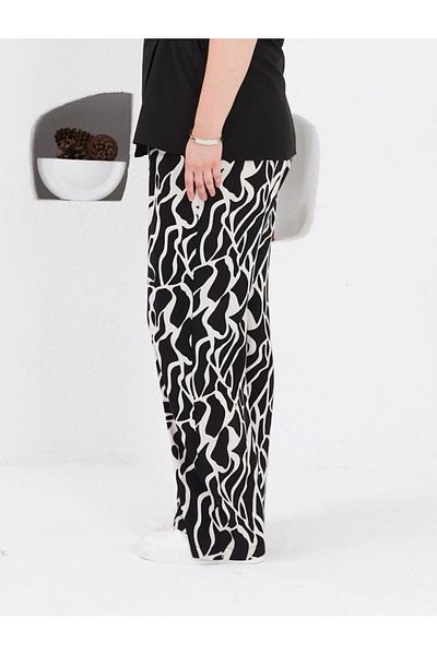 SagaEva Black Patterned Draped Viscose Palazzo Large Size Trousers