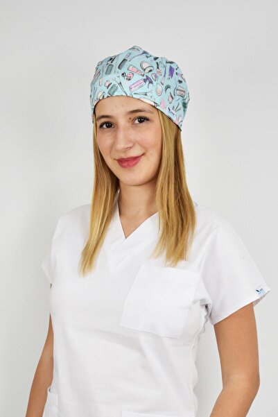 Nur Medikal Giyim Mavi Güzellik Desenli Doktor Hemşire Hastane Cerrahi Bonesi
